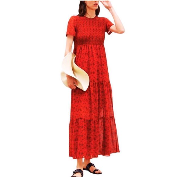 Like New Zara Petite Black Floral Print Smocked Maxi Red Dress - Picture 2 of 7